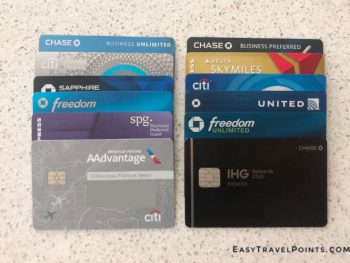 two vertical rows of credit cards on a white background