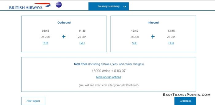 Search results from British Airways for reward flights using Avios points from Phoenix to Mexico